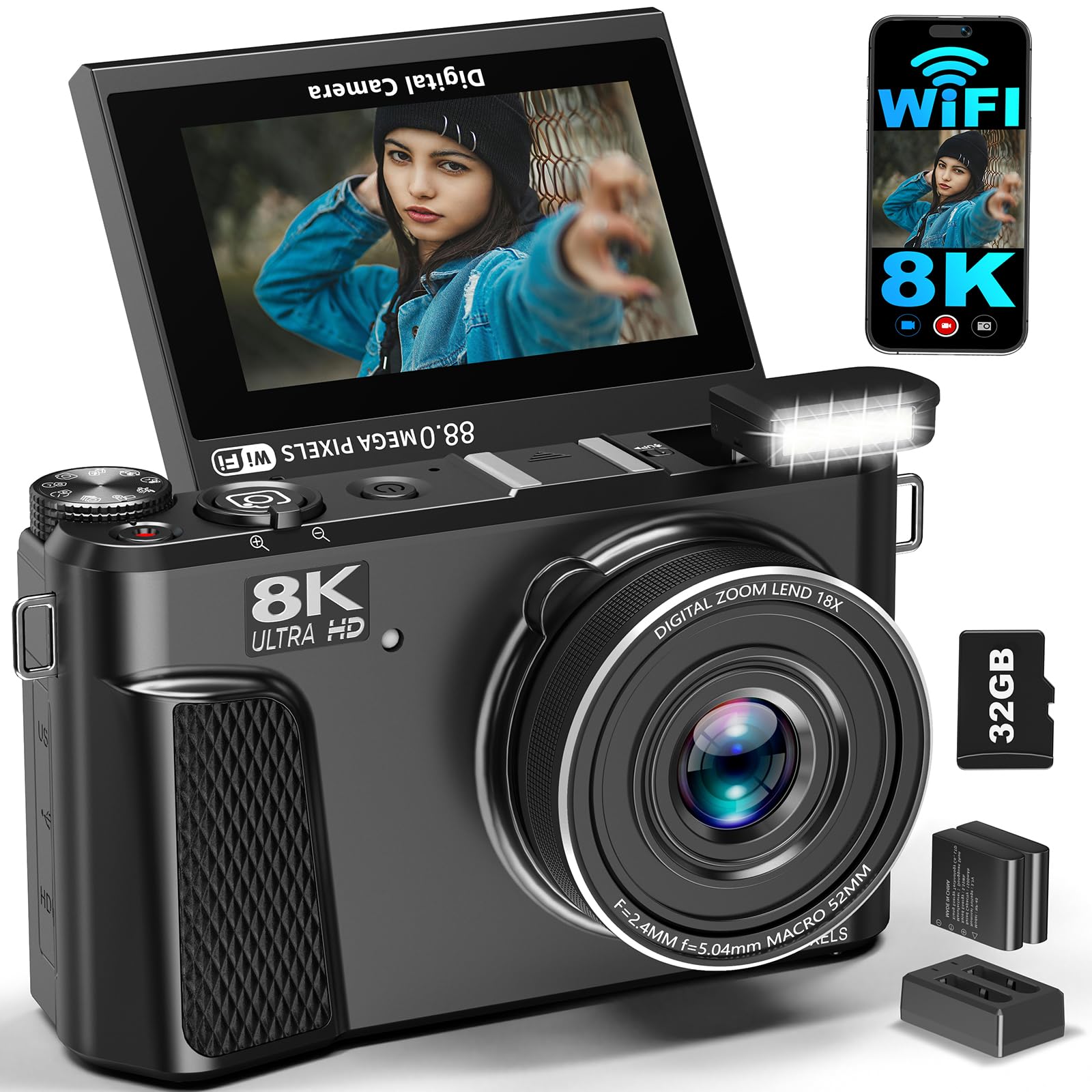 Amazon.com : 8K Digital Camera for Photography, 88MP WiFi Vlogging